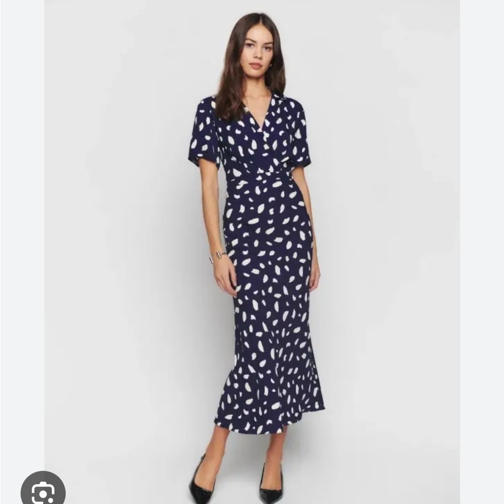 Reformation Blue and White Ruffled Wrap Midi Dress